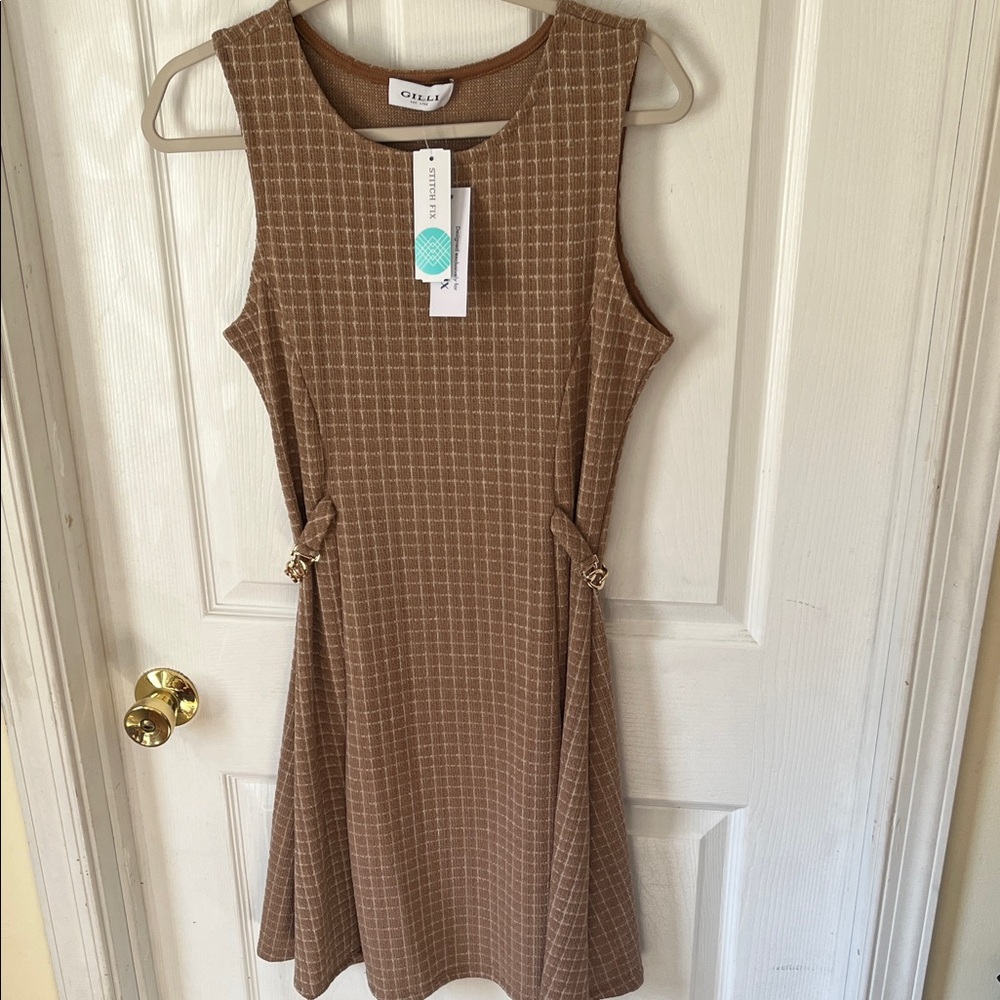 GILLI Tan Windowpane A-Line Midi Dress